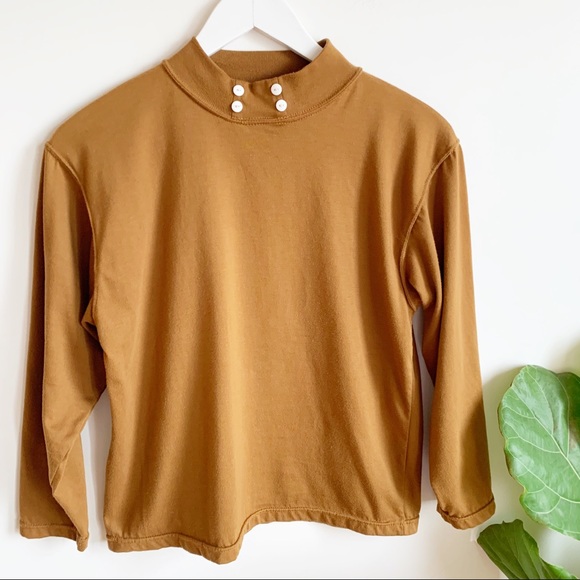 Vintage Tops - Vtg Mustard Cotton Blend Cropped Shirt S